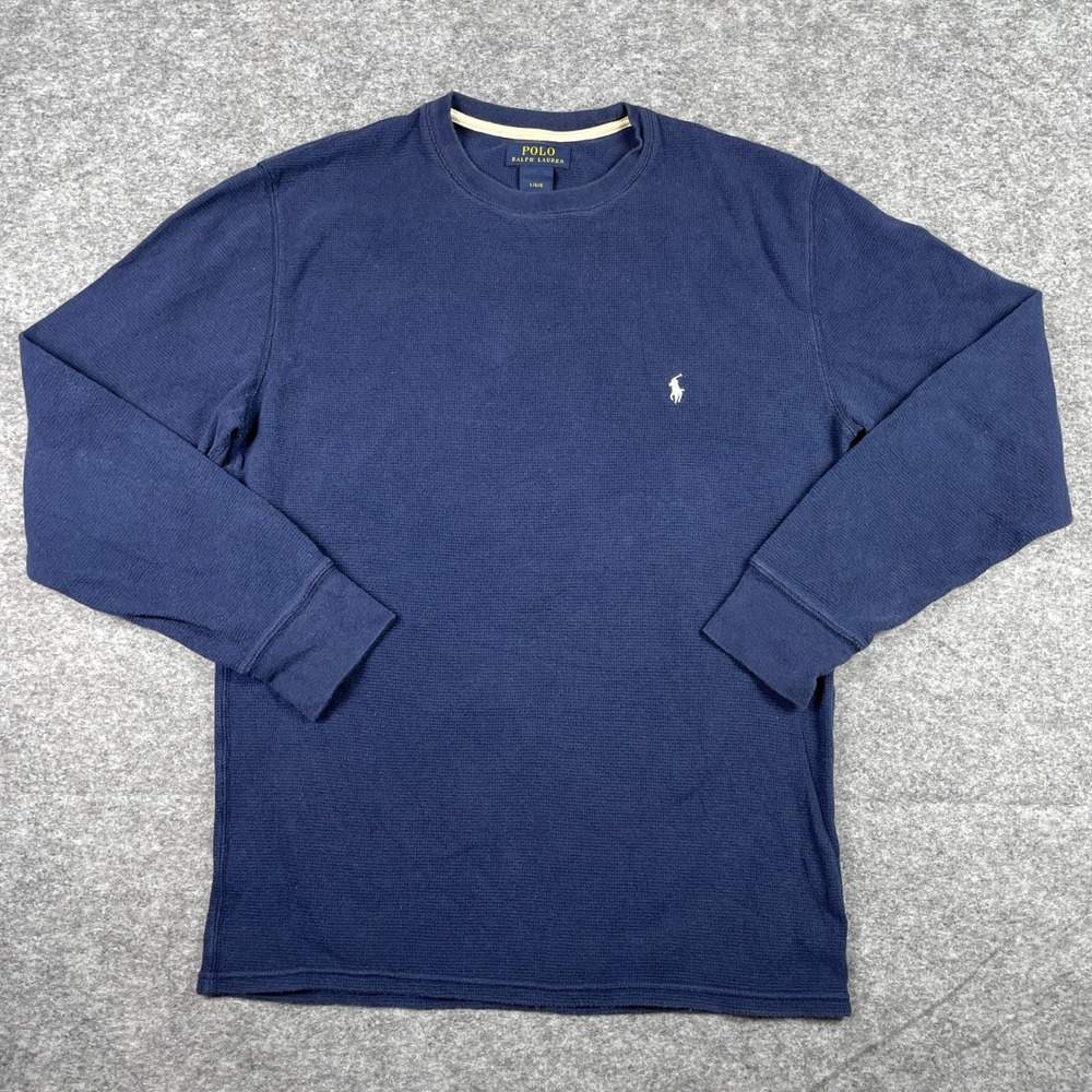 Polo Ralph Lauren Thermal Shirt Mens Large Navy Blue Waffle Knit Crewneck Preppy
